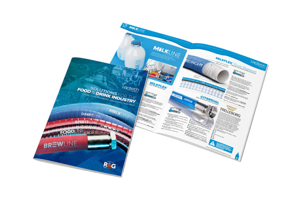 Open brochure or catalog with product information on a white background
